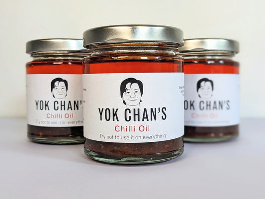 Triangle of three jars of Yok Chan's Chilli Oil 
